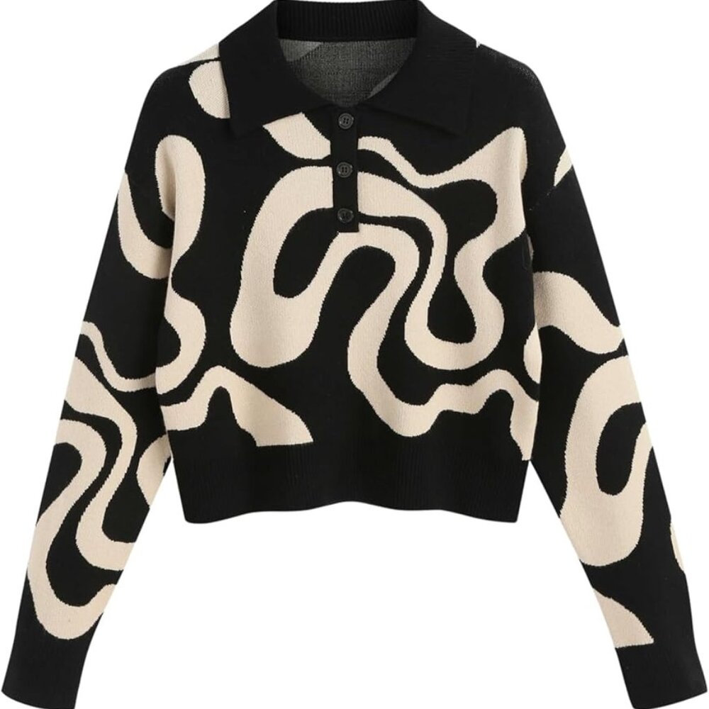 NWT CIDER Color Block Cropped Collared Shirts Long Sleeve Sweater Pullover Top